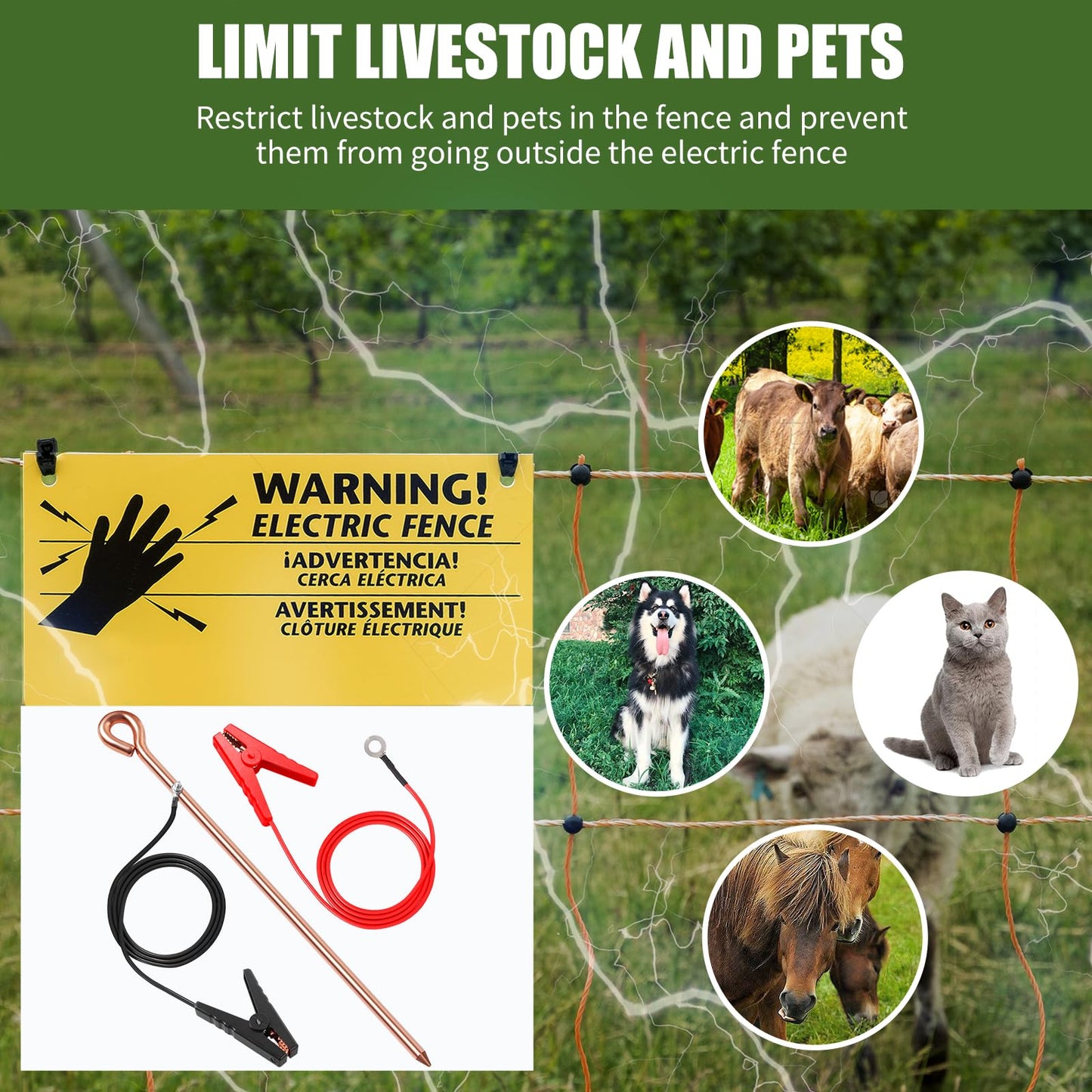 Makevivi Electric Fence Wire - Grounding Rod, Connect The Energizer and Electric Fence Charger Solar Powered, Solar Electric Fence Lead Wire with Alligator Clip, for Generator Electric Fence