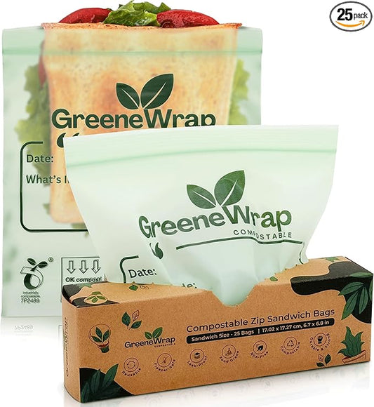 Compostable Sandwich Size Zip Bags 25 Count Extra Thick 2 mil Resealable, Leak-Proof, Freezer Safe Disposable Food Storage Bags, BPI and OK Compost Home Certified, ASTM D6400