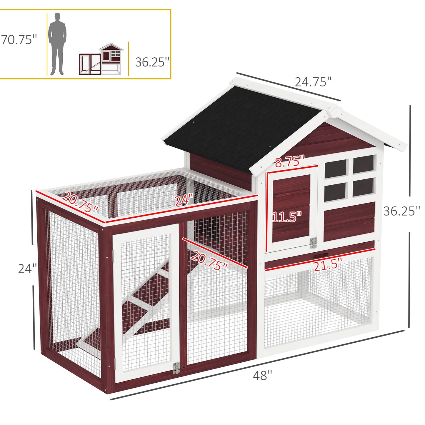 PawHut 48" Wooden Rabbit Hutch Bunny Cage with Waterproof Asphalt Roof, Fun Outdoor Run, Removable Tray and Ramp, Brown