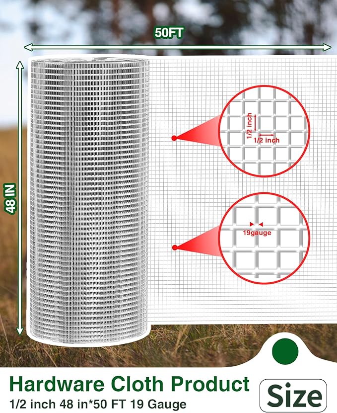 1/2" x 48" x 50FT Silver Hardware Cloth - Hot-Dip Galvanized Chicken Wire Fencing, 19 Gauge Welded Wire Mesh Roll for Chicken Coop, Rabbit, Snake, Deer Fencing and Garden/Tree Protection