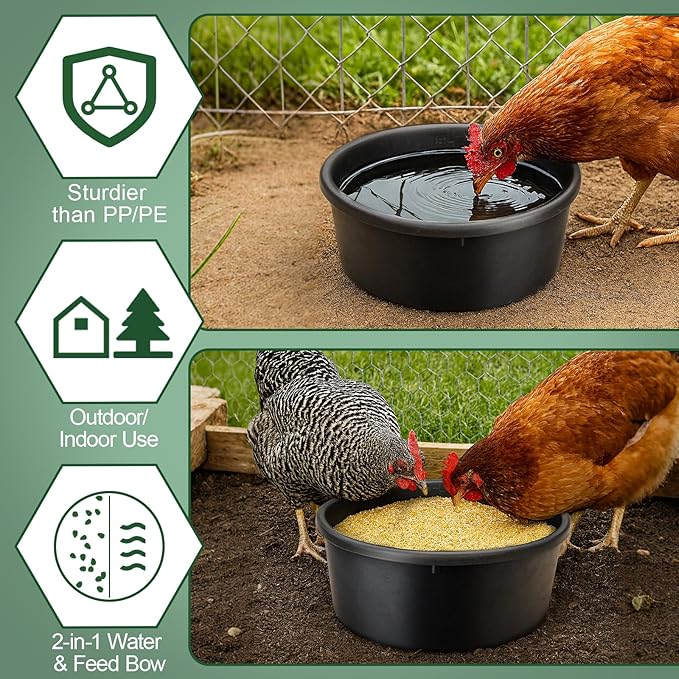 TINNMAO Rubber Feed Pan Set, 3 PCS 1-Gallon/4-Quart Chicken Feeder Pan with 3 Mesh Veggie Bags (24" x 0.12"), Thickened Heavy Duty Tub Feeding Bucket Bowls for Outdoor Livestock Duck Water & Dust Bath