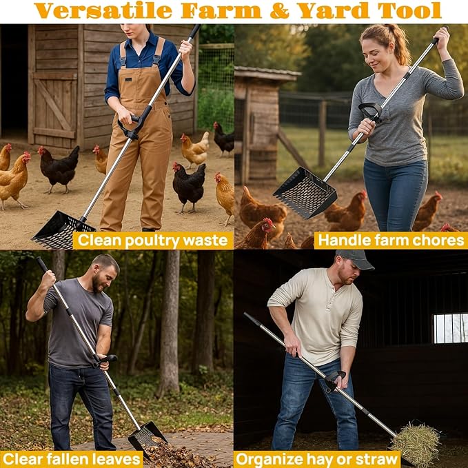 Chicken Shovel Poop Scooper & Rake 2-in-1,Metal Coop Scoop for Sand with 24"–63.7" Adjustable Stainless Steel Handle,Ergonomic Grip Litter Sifting Shovel for Pooper Cleaning,Farm&Poultry