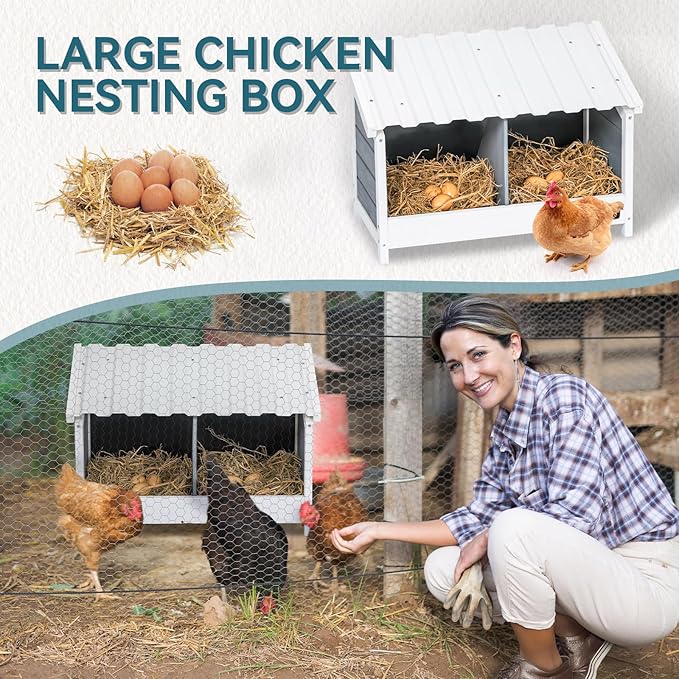 PETSFIT 2 Holes Chicken Nesting Box-All Weather PVC Roof, Natural Wood Design with Privacy Back Panel for Hens-Wall Mounted or Floor Use in Coops, Farms, Backyards,Easy to Assemble and Clean
