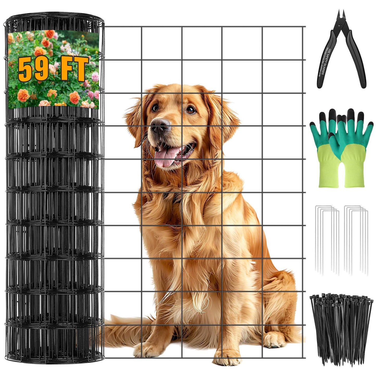 ROADPLUM Welded Wire Fencing 59ft×24in, Black PVC Coated Wire Mesh Garden Fence Vinyl Metal Wire Mesh Wire Fence Rolls for Making Yard Fence Plant Protector Dog Poultry Netting(14Ga, 2.3in X 2.3in)