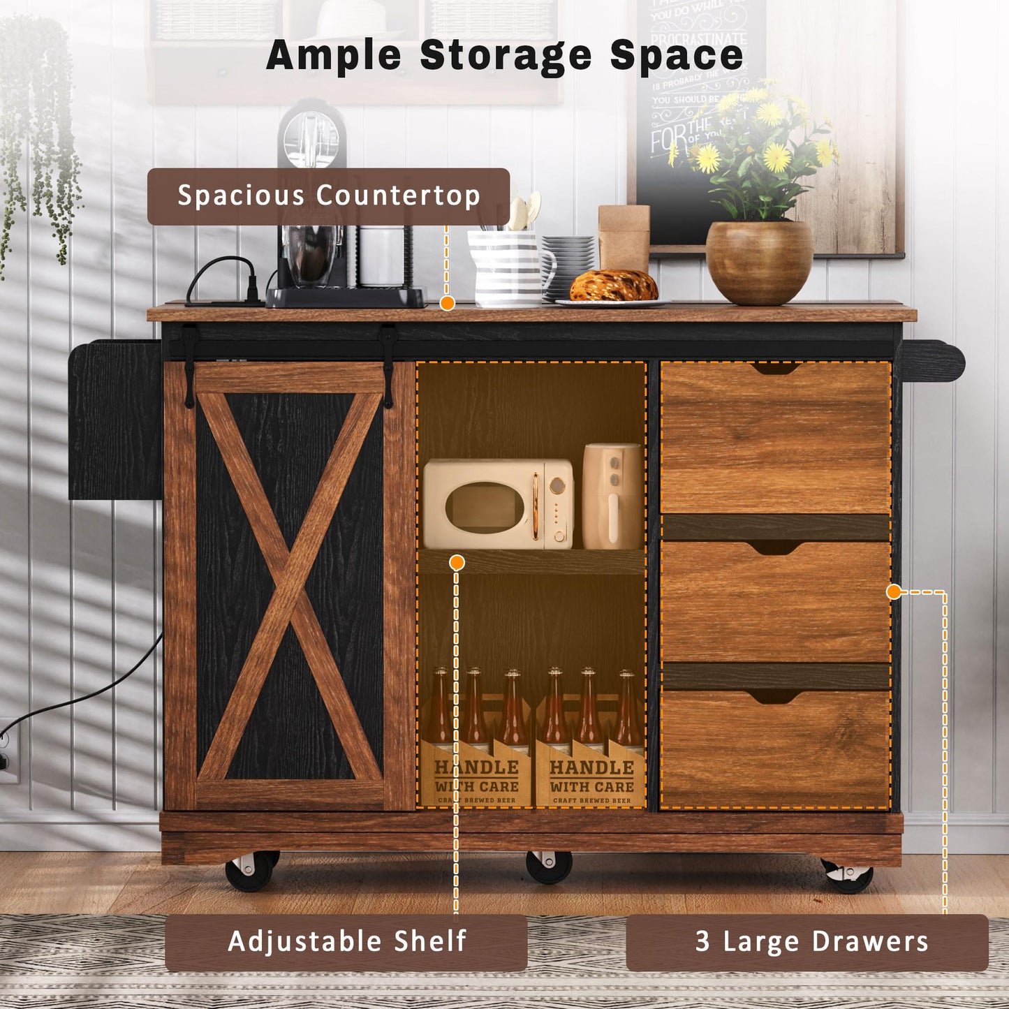 Merax 55.5" Farmhouse Kitchen Island with Drop Leaf, Kitchen Storage Island with Barn Door, Power Outlet, Rolling Kitchen Cart on Wheels with Spice Rack, for Home, Kitchen, Dining Room, Black