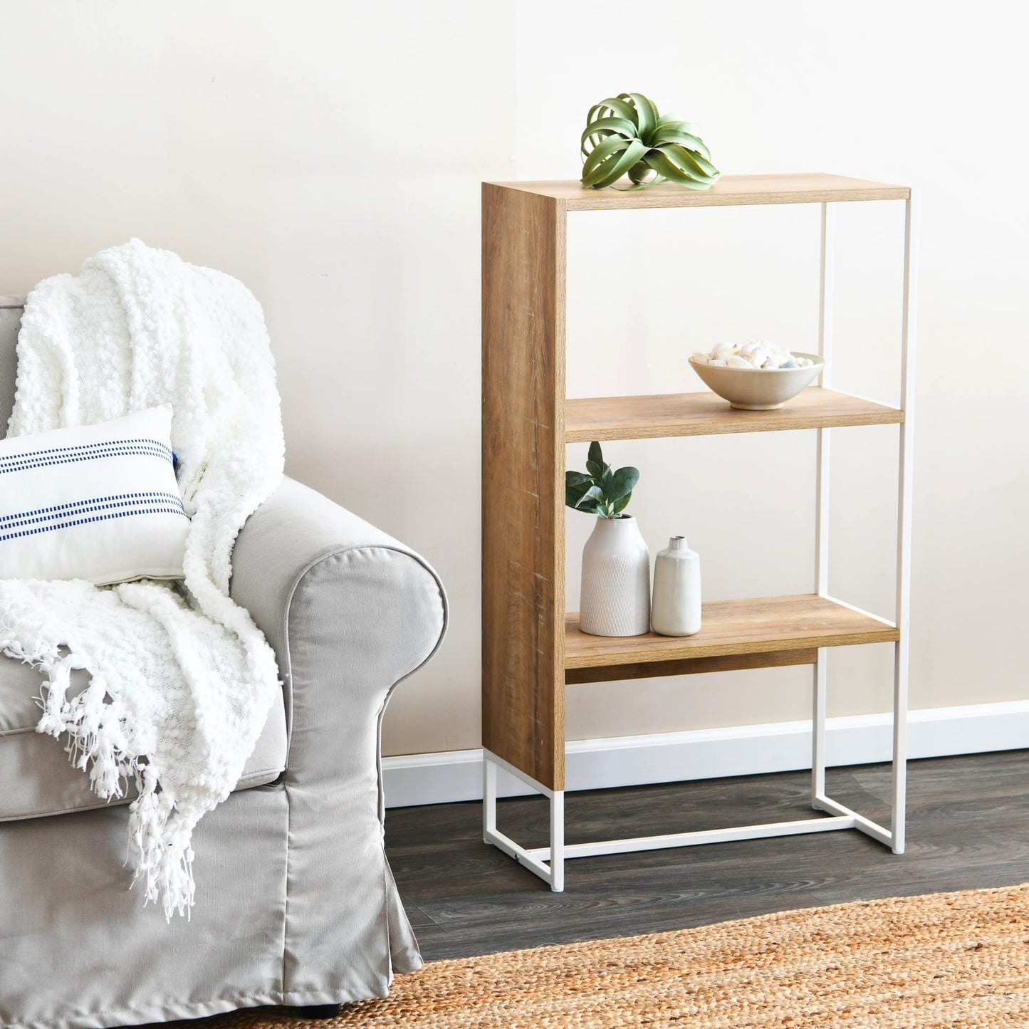 Household Essentials Wrap 3 Shelf Open Storage Bookshelf Coastal Oak Rustic Wood Grain and White Metal