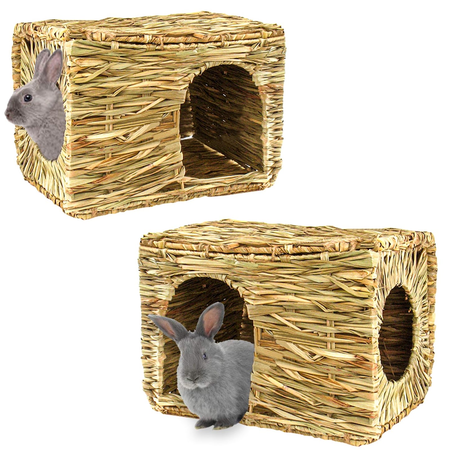 HERCOCCI Extra Large Grass House for Rabbit, Foldable & Comfortable - Small Animal Hut Play Hideaway Bed Hay Mat Chew Toy for Bunny Guinea Pig Hamster Chinchilla (2 Pack)