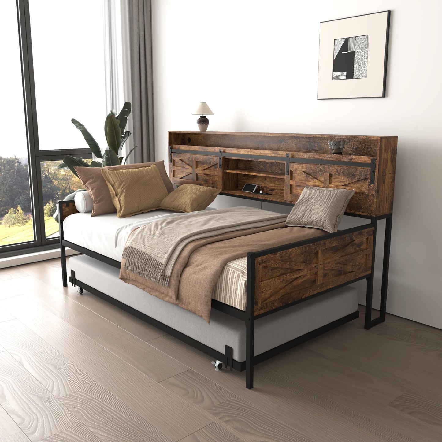 KEIKI Twin Daybed with Trundle, Farmhouse Daybed Frame with Sliding Barn Door Headboard, Charging Station & LED Lights, Convertible to 2 Twin Beds or Sofa Bed, Rustic Brown