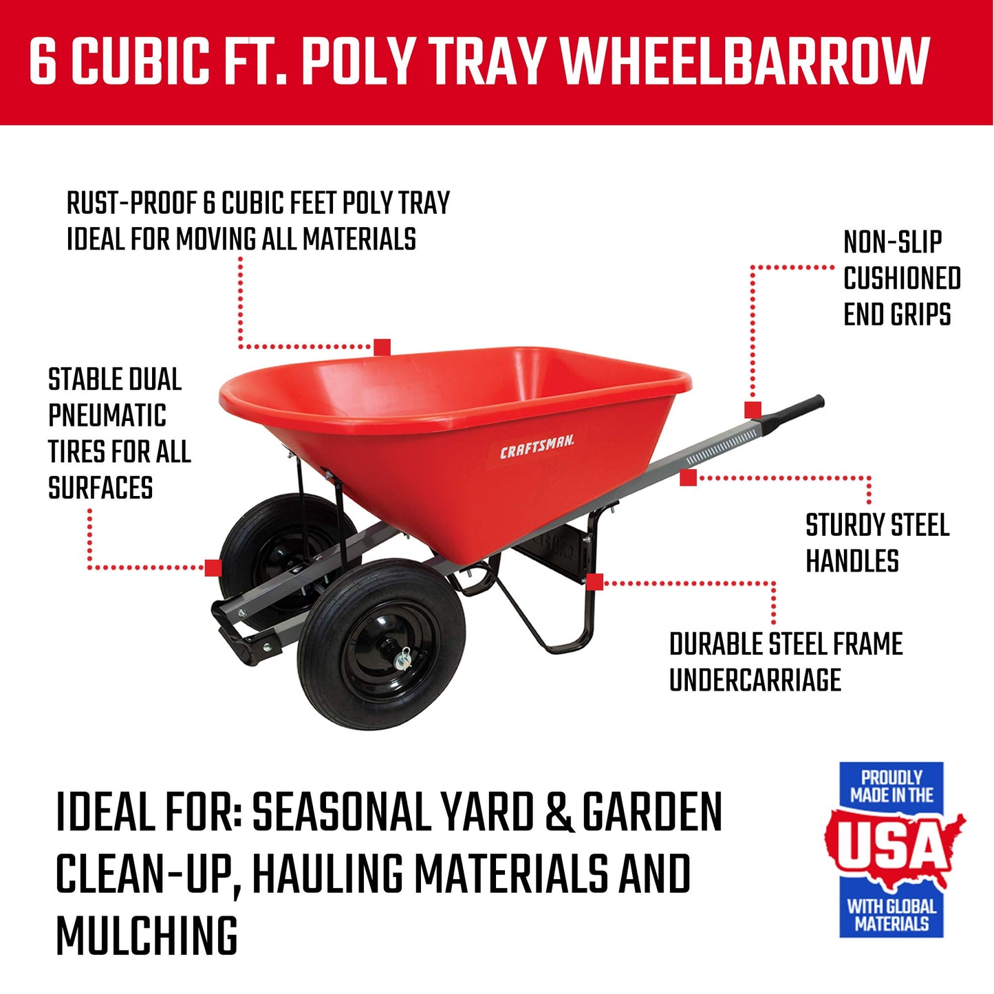 CRAFTSMAN CMXMKIT0190 3-Piece Leaf Clean-Up Set with Wavy Blade Hedge Shears, 22-Tine Wood Handle Lawn Rake and 6 Cu. Ft. Poly Tray Wheelbarrow, Red