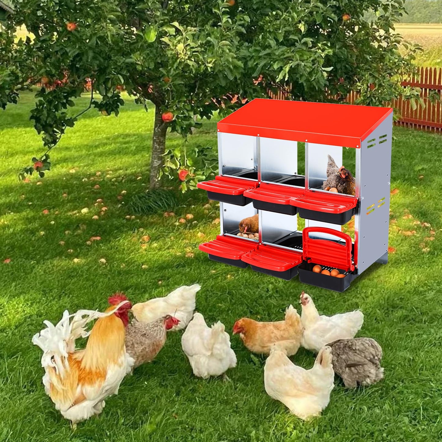 Garvee Chicken Nesting Boxes, 6 Hole Metal Chicken Laying Box with Removable Trays and Roll Out Egg Collection for Chicken Coop, Red