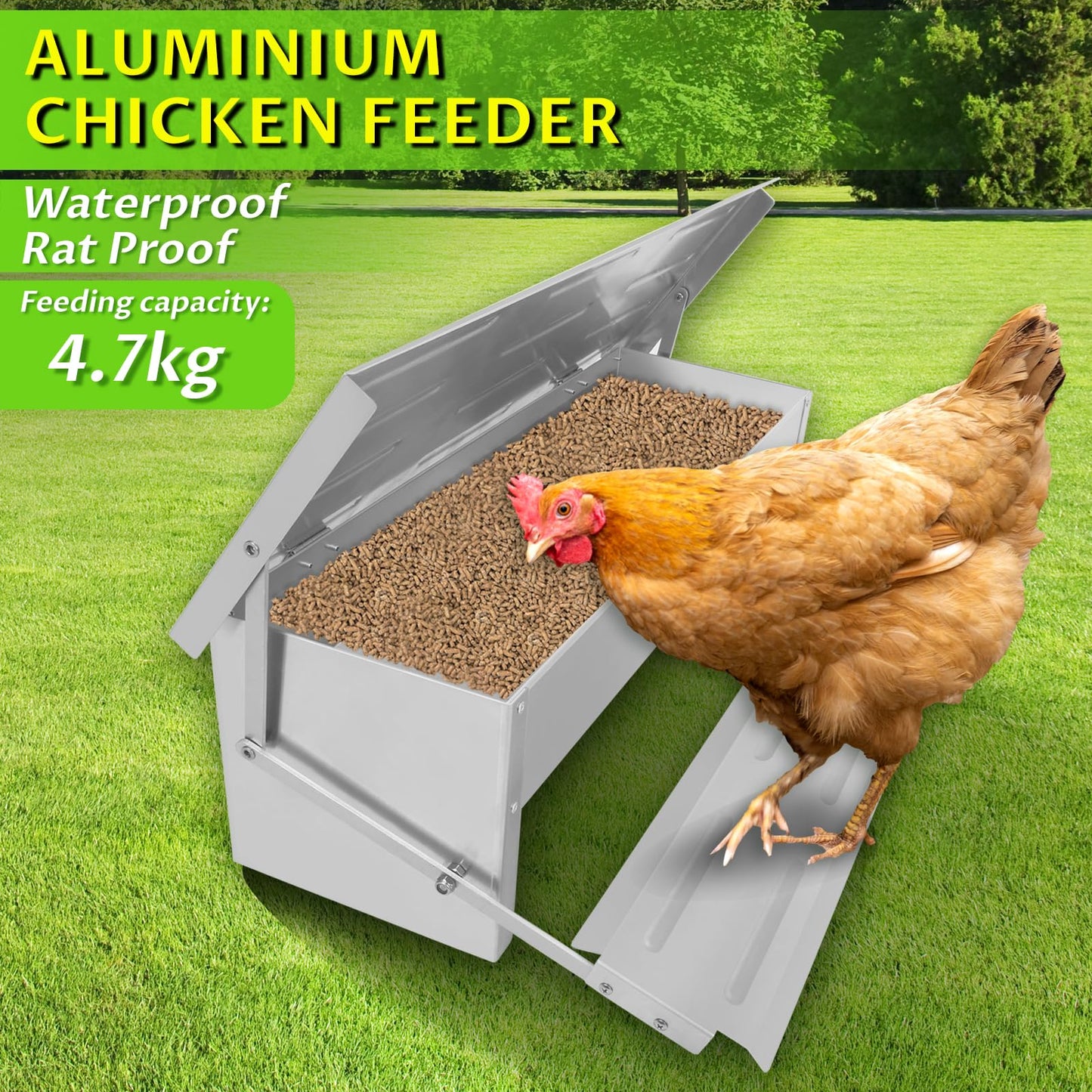 Automatic Chicken Feeder Treadle, Large Poultry Feeders No Waste Stainless Steel Rat Proof, Chicken Feeder Trough with Weatherproof Lid Treadle Self-Opening for Duck Fowl