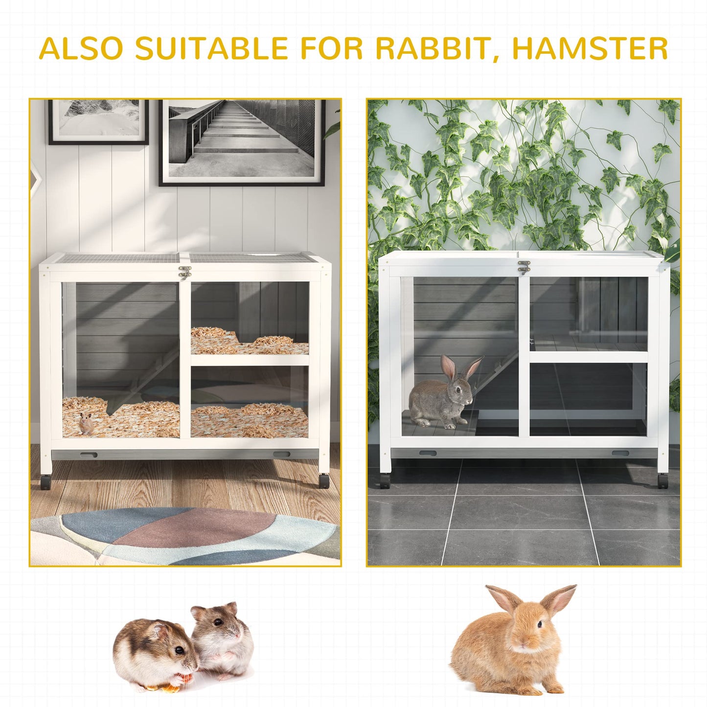 PawHut Rabbit Hutch with Wheels, Desk and Side Table Sized, Wooden Rabbit Cage, Waterproof Small Bunny Cage with Removable Tray, Openable Roof, for Indoor & Outdoor, Gray