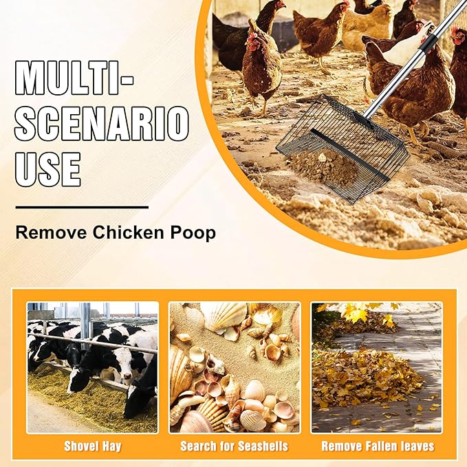 Chicken Poop Scooper, Large Metal Chicken Coop Scoop, Chicken Litter Sifting Shovel, Chicken Coop Rake with Retractable Stainless Steel Handle, Chicken Coop Cleaning Tools Accessories15Inch