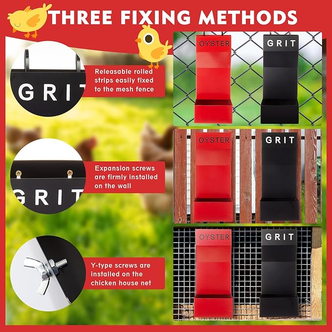 Leinuosen 4 Pack Metal Chicken Oyster Shell and Grit Feeder Combo with Large Opening Hanging Chicken Feeder Trough Automatic Gravity Poultry Coop Accessories Water Dispenser for Chicks, Ducks, Quail