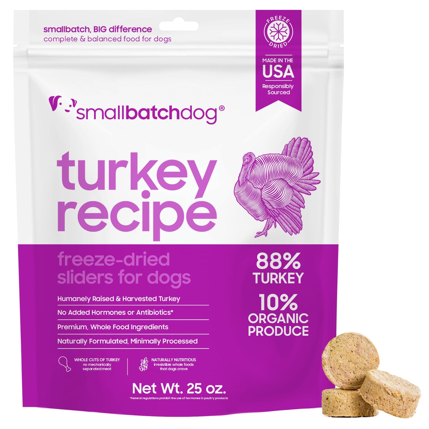 smallbatch Pets Freeze Dried Raw Dog Food, Turkey Recipe, 25 oz, Organic High Protein Dog Food, Grain Free, Made in The USA, Humanely Raised Meat, Single Protein, for Picky Eaters, Hydrate & Serve