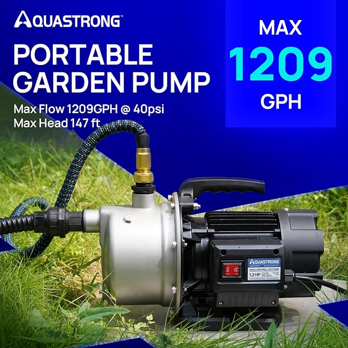 Aquastrong 1.2 HP Portable Shallow Well Pump, 1209 GPH, 115V, Stainless Steel, Sprinkler/Water Transfer Draining Irrigation Pump for Lawn