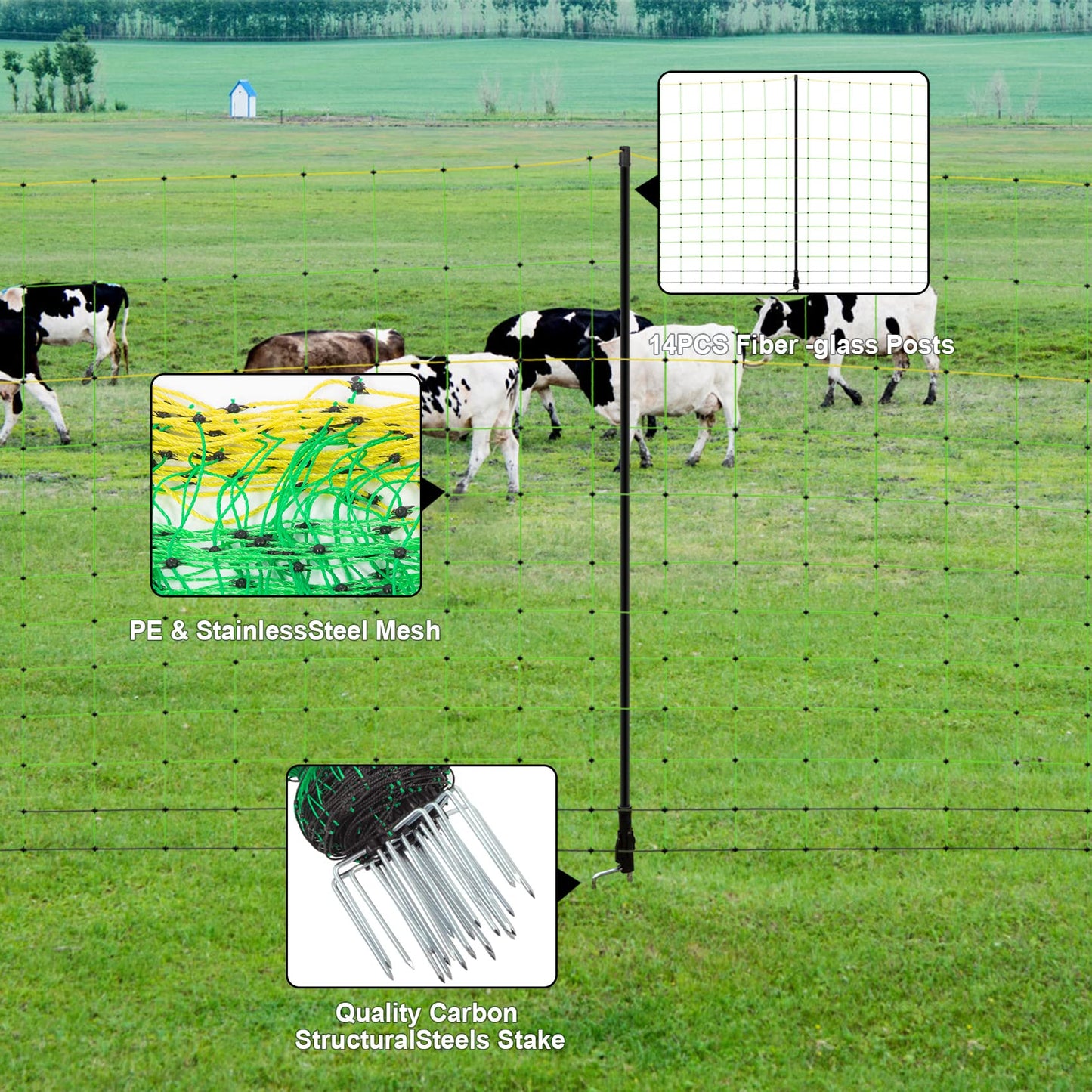 TMEE Electric Fence Netting Livestock Fencing for Goat with 14 Posts Double Spiked, Portable Mesh for Sheep, Deer, Hogs, Dogs in Backyards, Farms and Ranches, 49.6" H x 164' L, Green