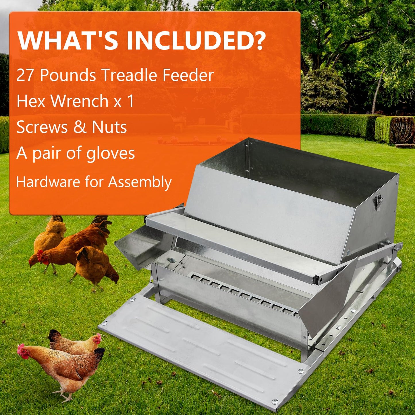 Automatic Chicken Treadle Feeder, 27 LB Large Galvanized Steel Poultry Feeder, Outdoor Use, No Waste, 10 Chickens for 11 Days, Metal Chicken Feeder Kit Suits Duck, Bantams, Pheasants