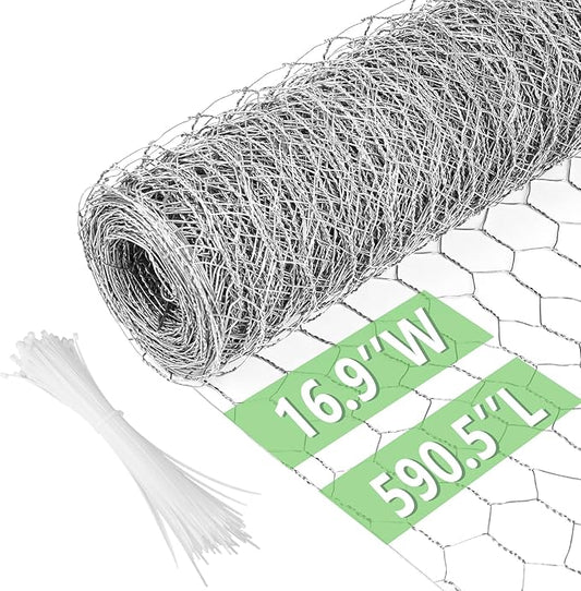 Chicken Wire 16.9 in x 590.5 in Poultry Wire Netting Hexagonal Galvanized Mesh Garden Fence Barrier for Pet Rabbit Chicken Fencing with 100 Pcs Cable Zip Ties