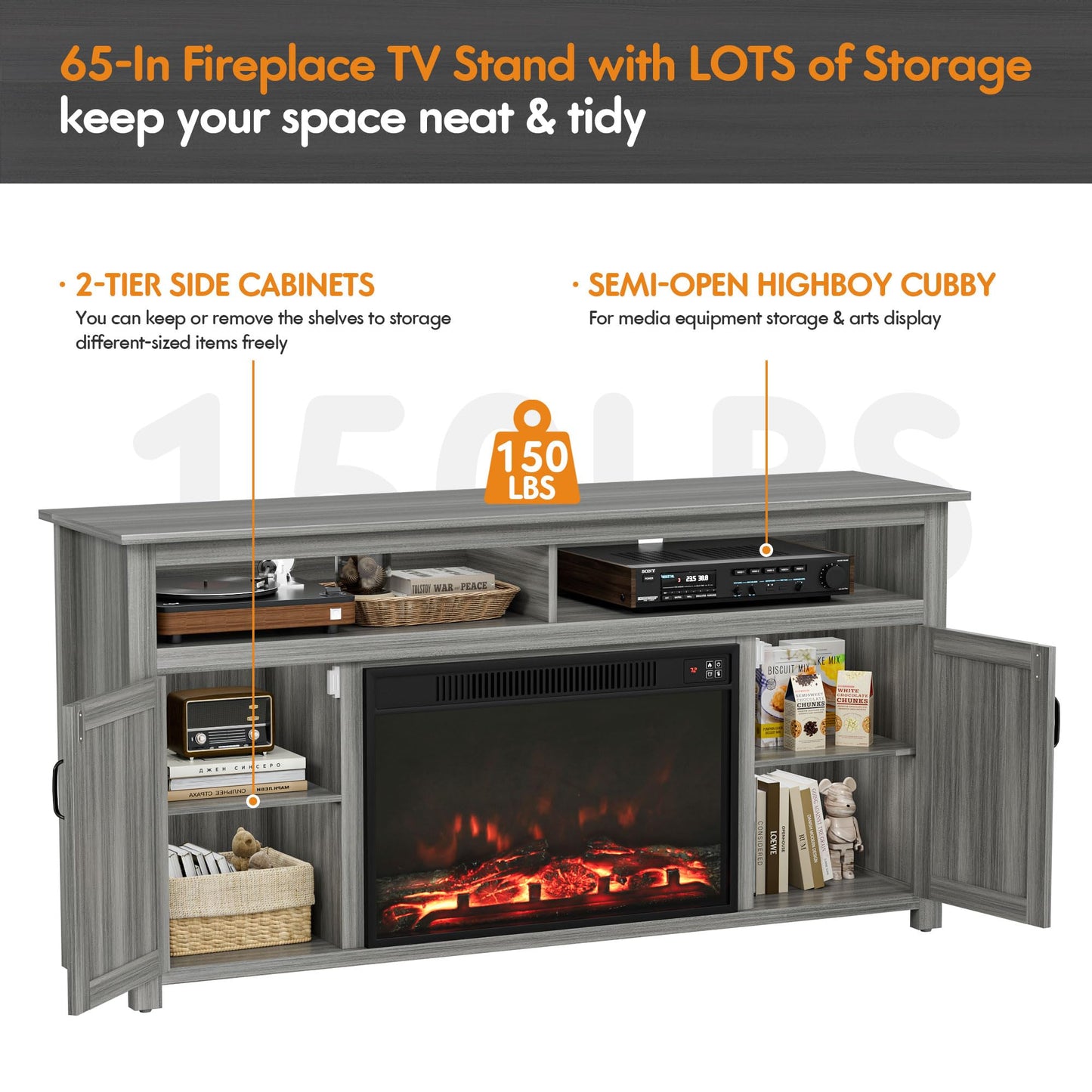 YESHOMY Fireplace TV Stand for Television up to 65+ Inch with Storage and Farmhouse Barn Doors, Entertainment Center with Cabinet and Shelves, Media Console for Living Room, Gray Wash