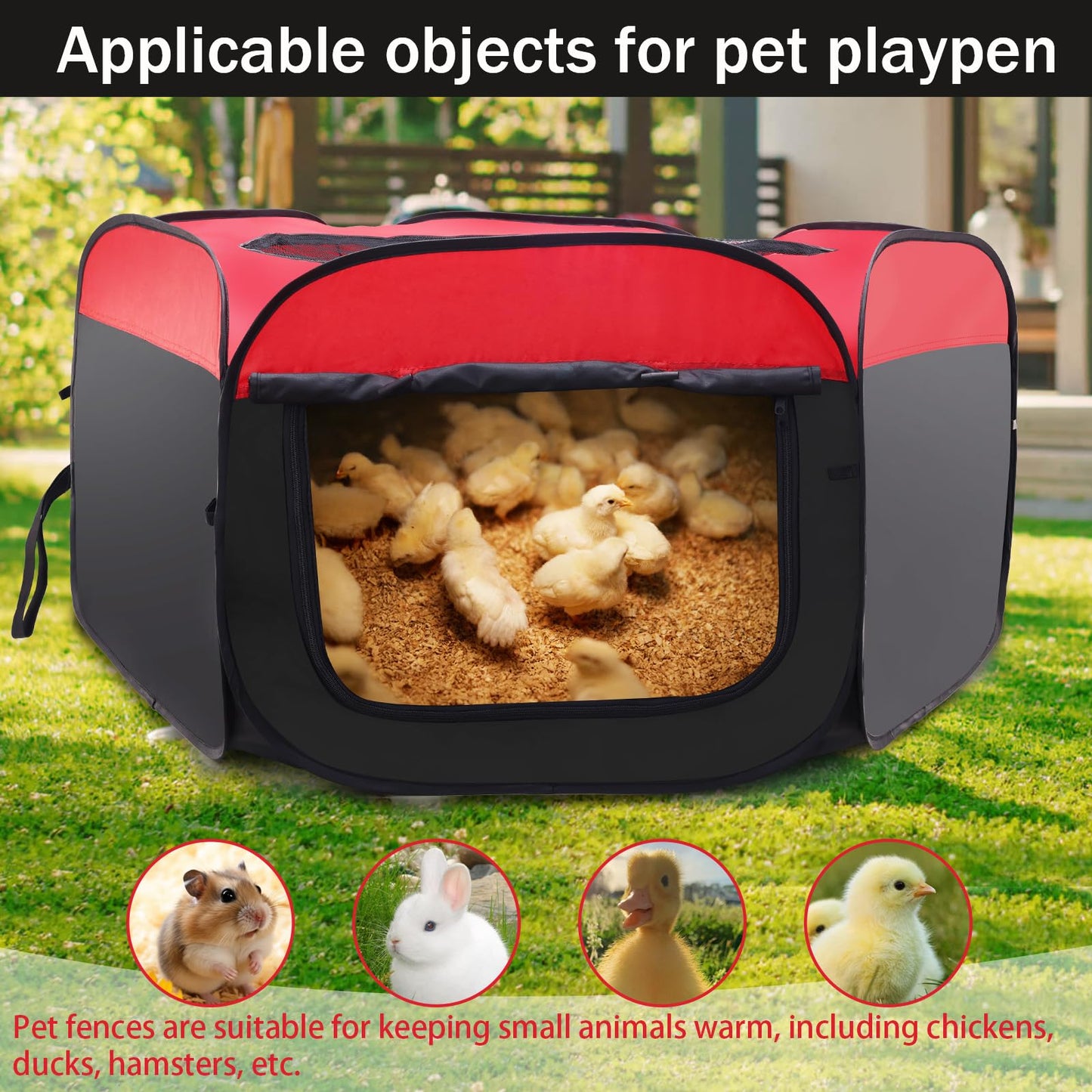Foldable Brooder Box for Chick,Chick Fence Portable Dog Playpen Cage with Floor Mat, Large Dog Tent Oxford Fabric Cage Indoor/Outdoor, Red and Black