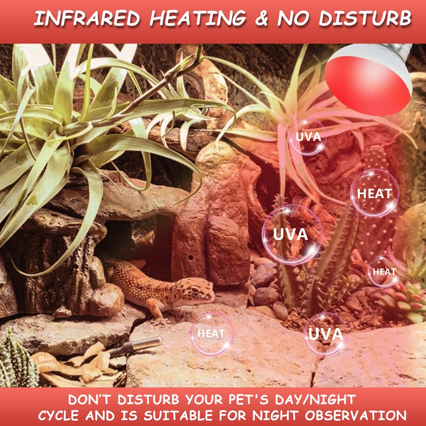 LUCKY HERP Infrared Heat Lamp, 40W Reptile Heat Lamp 2 Pack Red Heat Lamp Bulbs, Infrared Basking Spot Heat Light Bulb, Amphibians Heat Lamp Bulbs for Reptile, Geckos, Snakes, Lizard, Turtle