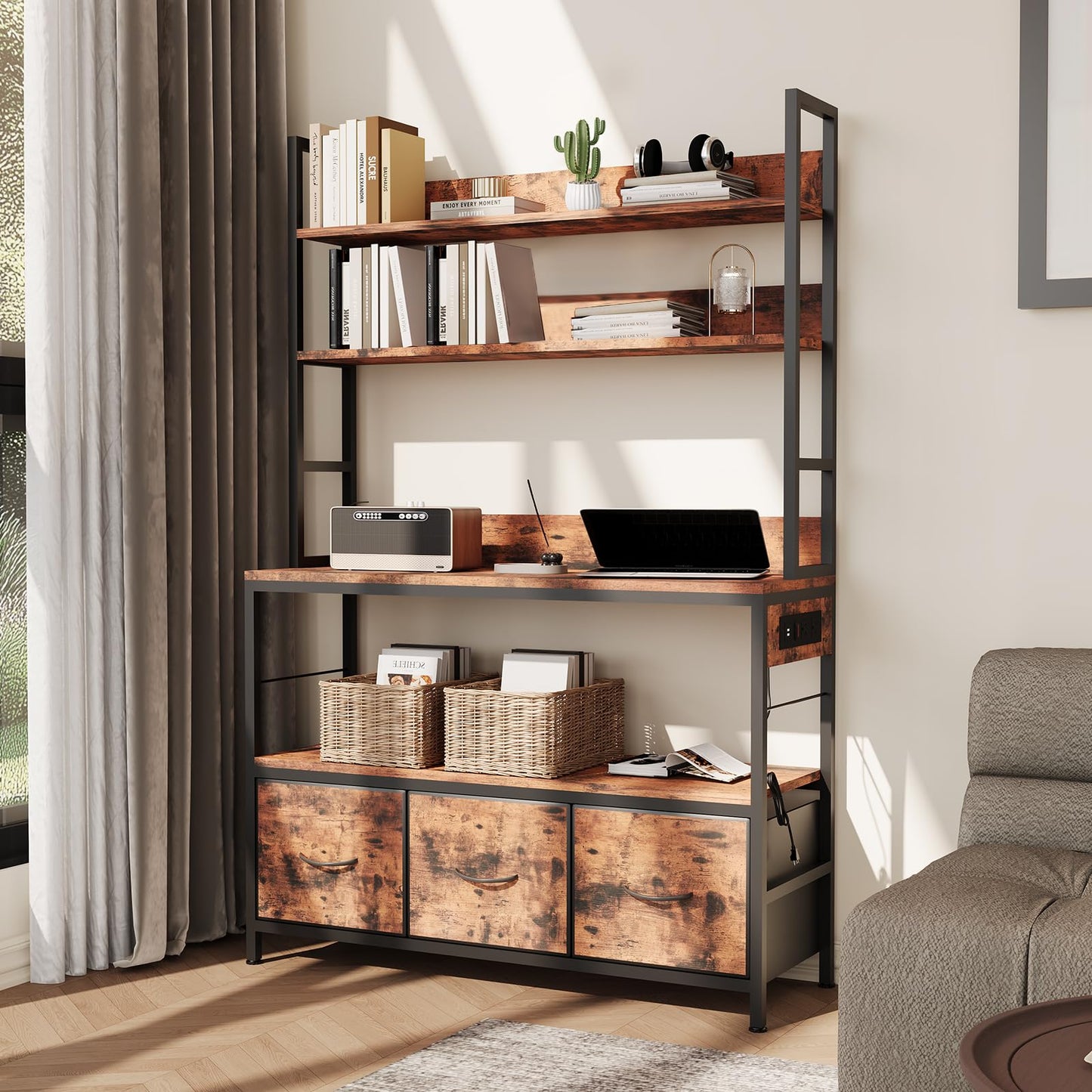 Garvee Kitchen Bakers Rack with Storage and Power Outlet, 5-Tier Industrial Microwave Stand with Drawers and Open Shelves, Metal Frame, Farmhouse Coffee Bar Cabinet, Brown