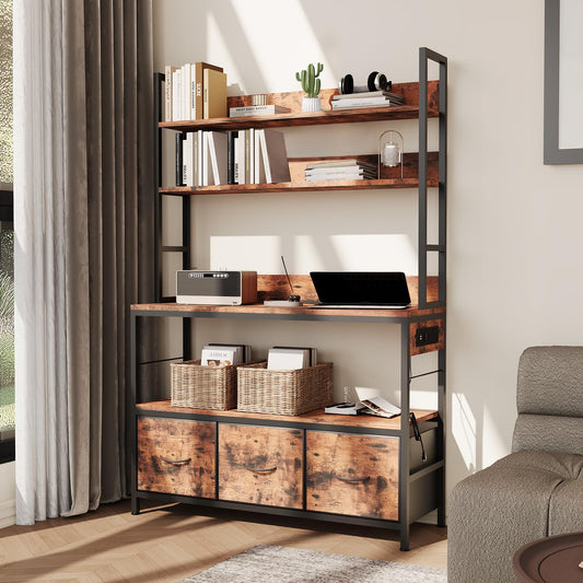 Garvee Kitchen Bakers Rack with Storage and Power Outlet, 5-Tier Industrial Microwave Stand with Drawers and Open Shelves, Metal Frame, Farmhouse Coffee Bar Cabinet, Brown