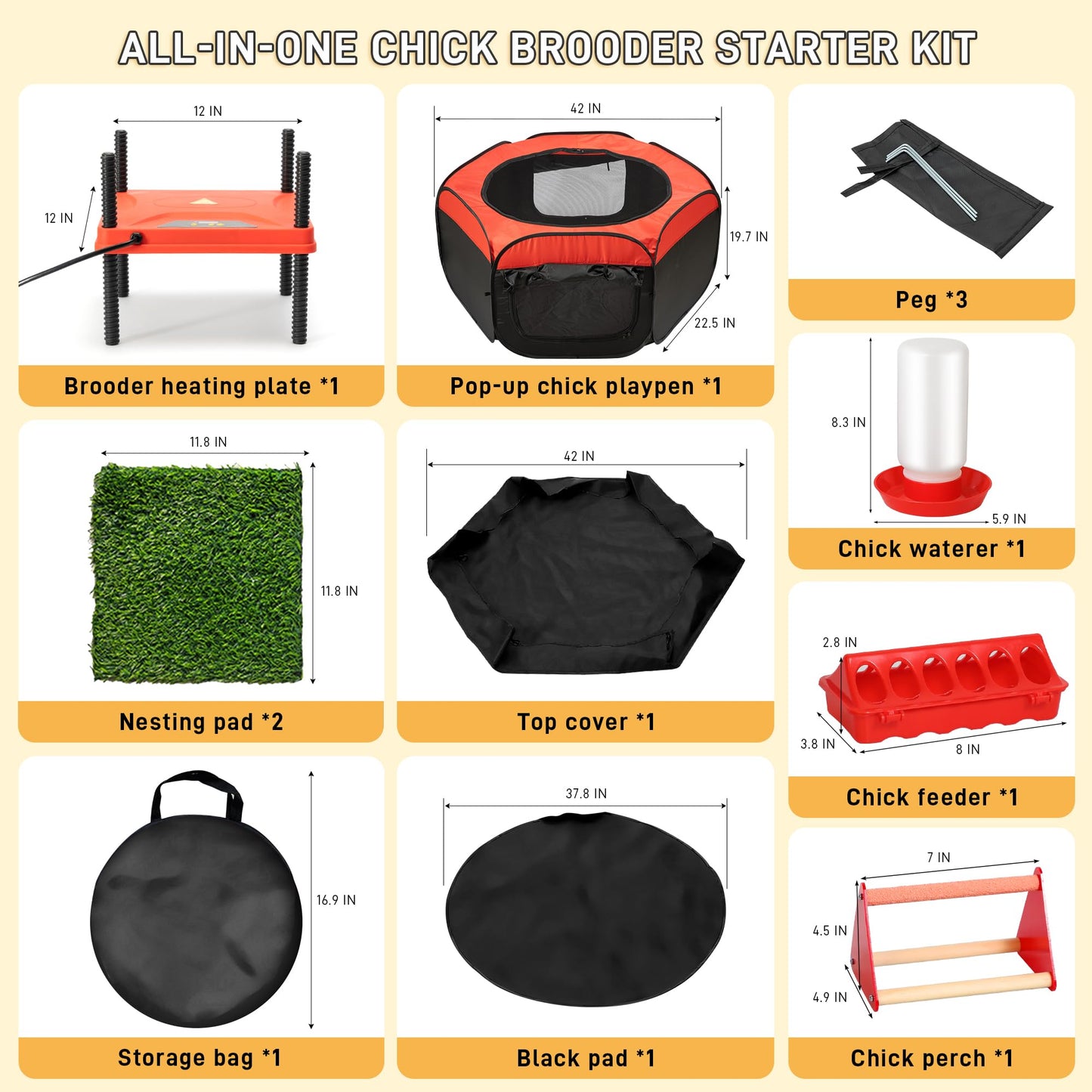 Upgrade Chick Starter Kit, 6-in-1 Chicken Brooder Box for Chicks Includes Pop-Up Chicken Playpen Tent,12 * 12" Heat Brooder Plate, Chicks Feeder, Waterer, Perch & Nesting Pad for Poultry Ducks Quail