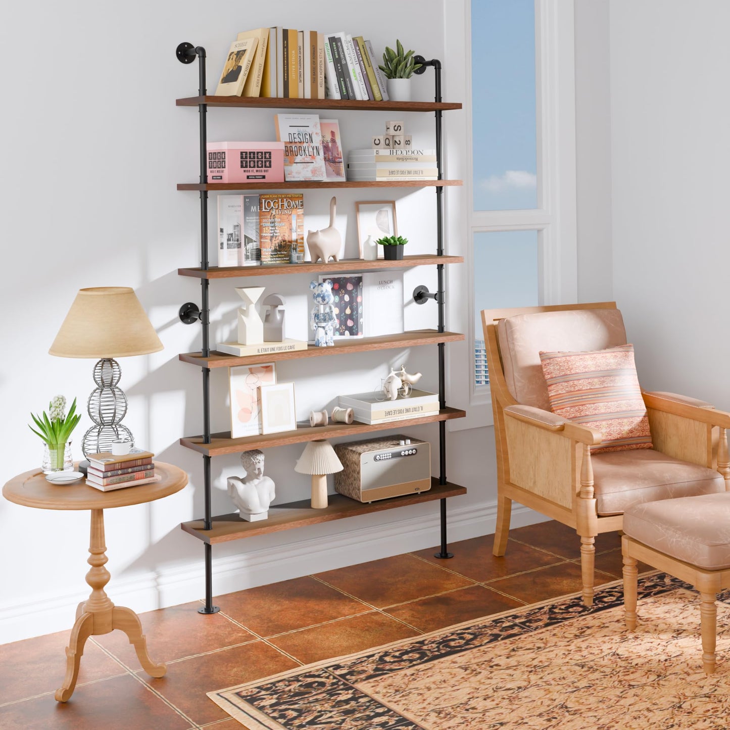 Anynice Industrial Ladder Pipe Shelf, Wall Mounted Wood Metal Bookshelf for Living Room Storage (Weathered Brown, 6 Tier - 10" D x 48" W x 82.5" H)