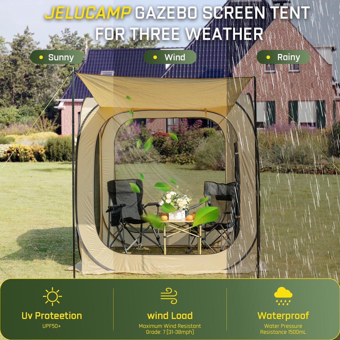 JELUCAMP 6x6 FT Pop Up Screen House Tent - Instant Screened Gazebo Canopy with Mosquito Net, Portable Backyard Tent for 4-6 People, Easy Setup Patio Shelter for Camping, BBQ, Sports & Outdoor