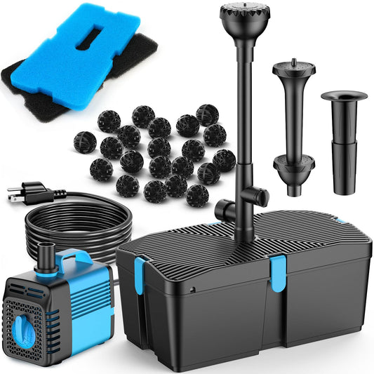 FEOXSHAL Pond Filter with Fountain Pump Kits, 50W Pond Pump and Filter Kit with Submersible Water Pump Flow Ajustable