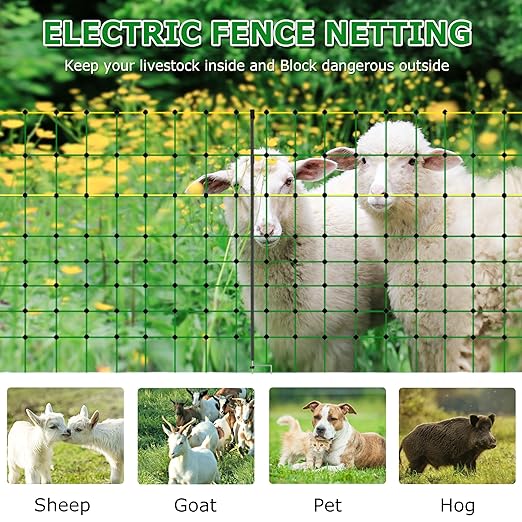 Electric Fence Netting, 49.6" H x 164' L, Portable Livestock Nets Mesh for Hog, Dogs, Deer, Goats, Larger Animals Electric Fencing for Backyards, Homesteaders, Farms, Ranches, Gardens