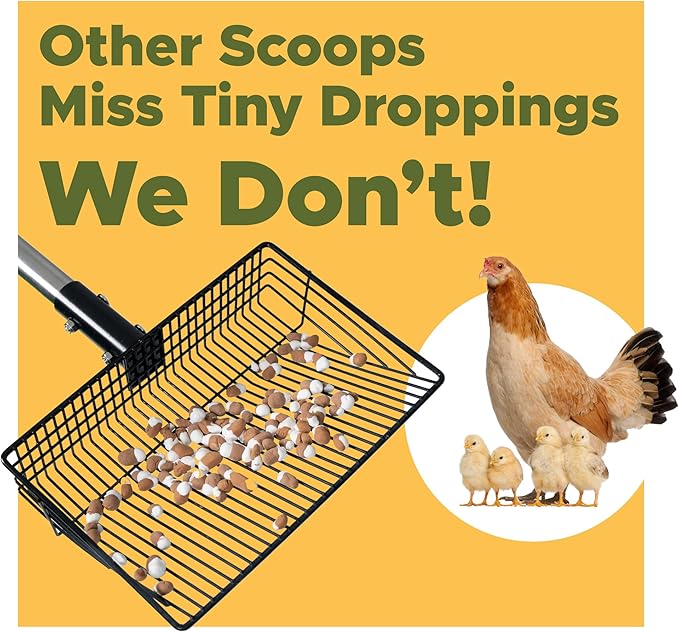Chicken Poop Scooper for Sand, ¼" Slotted Fine Sifter & Durable Chicken Coop Scoop, Sifting Shovel, Coop Pooper Scooper, Metal Sand Sifter Shovel for Poultry Litter, 2-in-1 Poop Scoop and Rake Tool