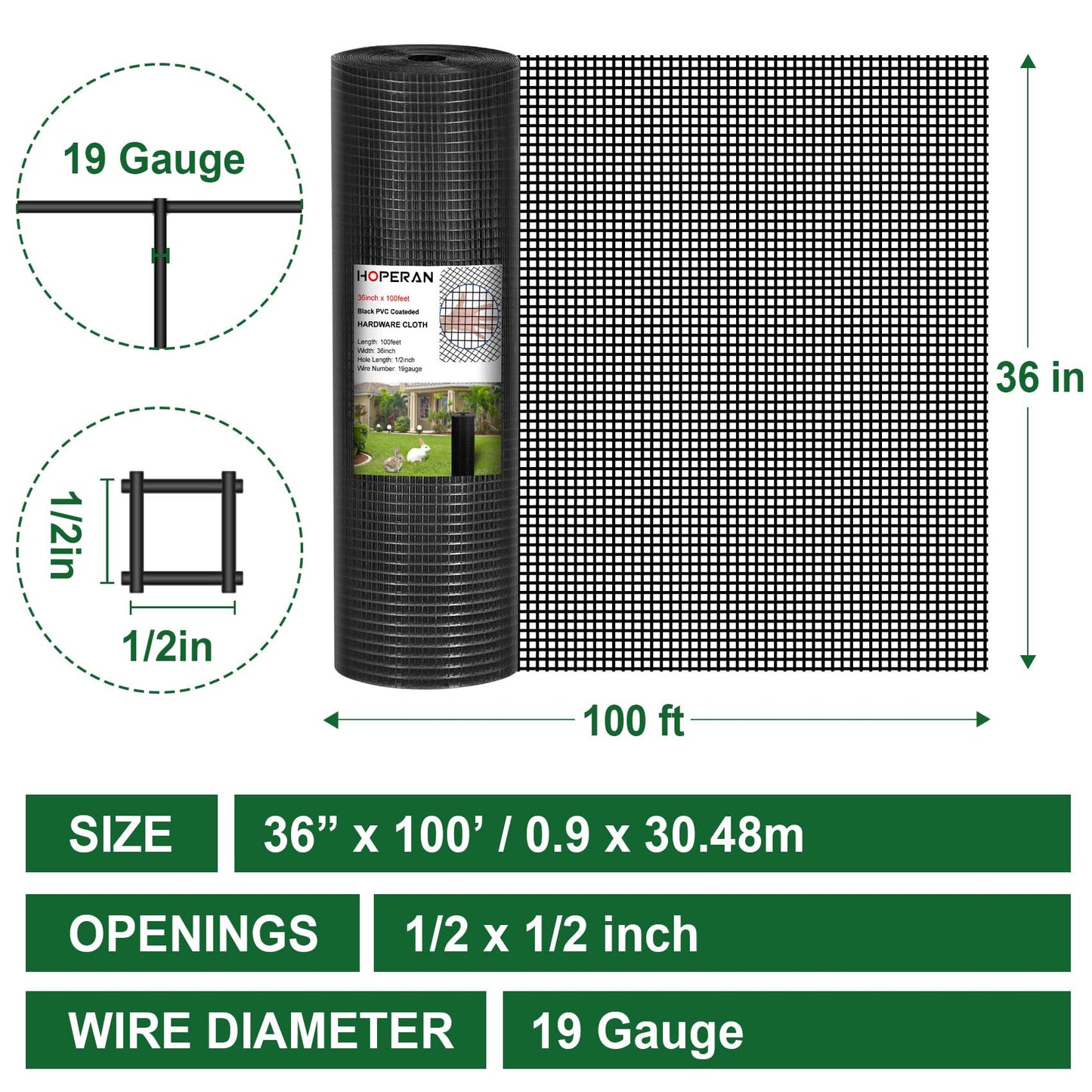 HOPERAN Black Hardware Cloth 1/2 inch 36 x 100 Ft Mesh 19 Gauge PVC Coated Chicken Wire - Vinyl + Galvanized Double Coated Fence - Welded Wire Mesh Roll for Chicken Coop Fencing Garden Fencing