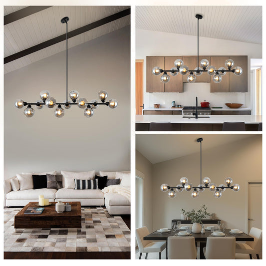 Lzawvm Dining Room Linear Chandelier 13 Lights Sputnik Chandelier Black Kitchen Island Smoky Gray Glass Globe Pendant Light for Living Room Farmhouse Sloped Ceiling, Dia 59 Inch