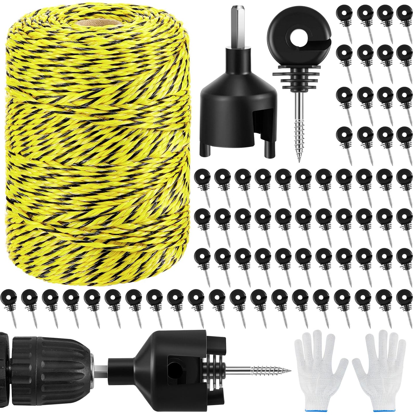Sweetude 660 Feet Electric Fence Polywire and 100 Pcs Electric Fence Insulator with 1 Pcs Insulator Socket Tool Resistant Glove Electric Fence 6 Stainless Steel Strands for Fence Landowner Farmer