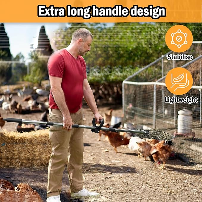 15 Inch Large Chicken Poop Scooper, Chicken Coop Scooper with 38" to 76" Adjustable Stainless Steel Handle, Litter Sifting Shovel for Chicken Coop, Farm, Sheep Pen, Cat Litter, Stable Cleaning