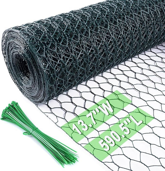 Chicken Wire 13.7 in x 590.5 in Poultry Wire Netting Hexagonal Galvanized Mesh Garden Fence Barrier for Pet Rabbit Chicken Fencing with 100 Pcs Cable Zip Ties(PVC-Coated)