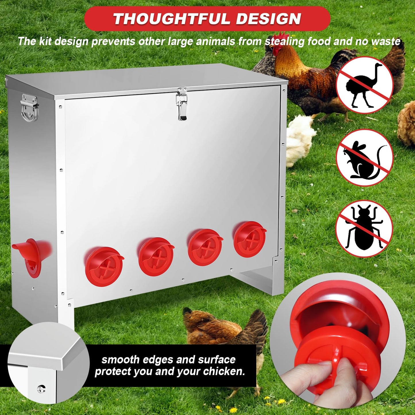 YXJSTO Metal Chicken Feeder 85 lbs Capacity, Galvanized Chicken Feeder with 10 Ports, Waterproof Automatic Poultry Feeder Suitable for Geese, Ducks, Turkeys, Quails
