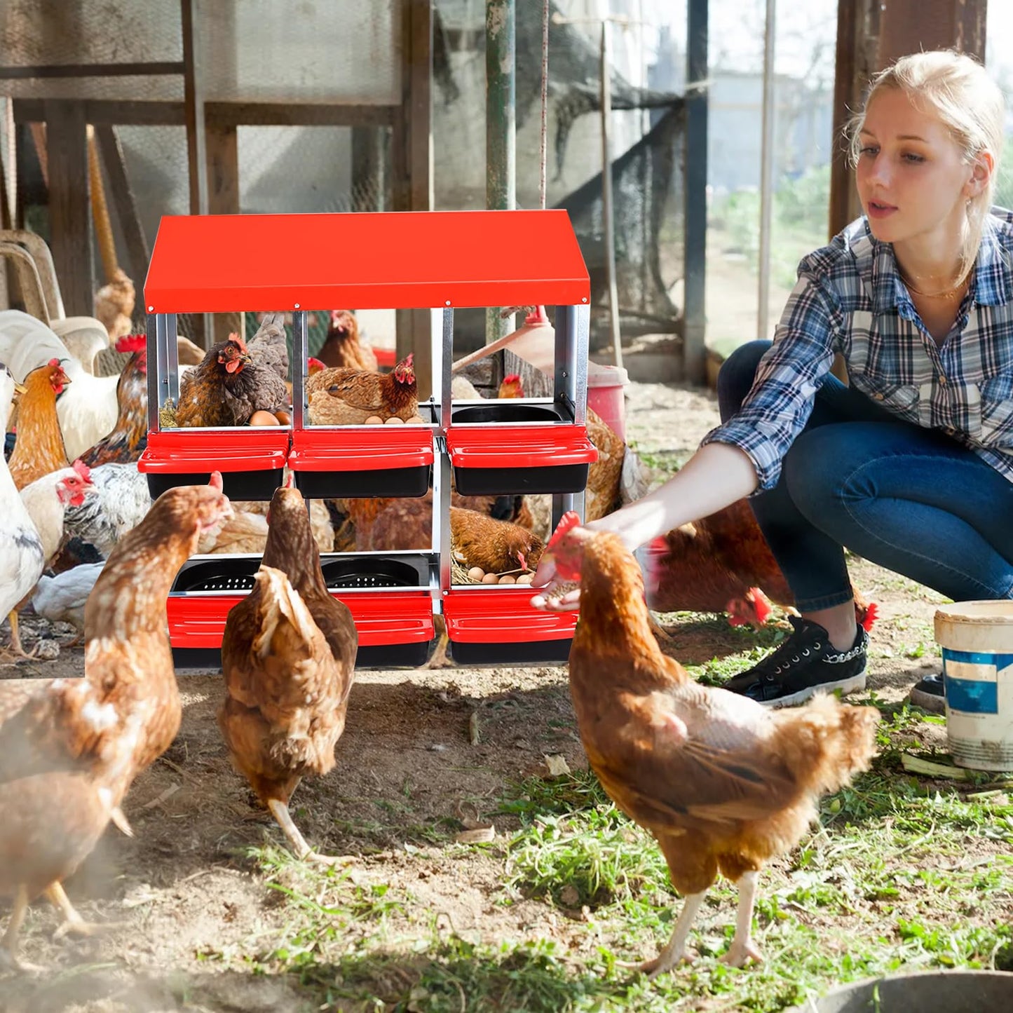 Garvee Chicken Nesting Boxes, 6 Hole Metal Chicken Laying Box with Removable Trays and Roll Out Egg Collection for Chicken Coop, Red