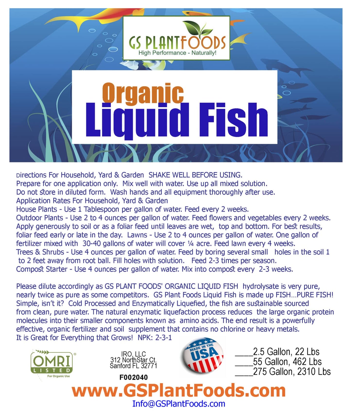 GS Plant Foods Organic Liquid Fish Fertilizer - Natures Growth Boost, OMRI-Certified, Hydrolyzed, Fish-Based, Organic Gardening Solution, 5 Gallons