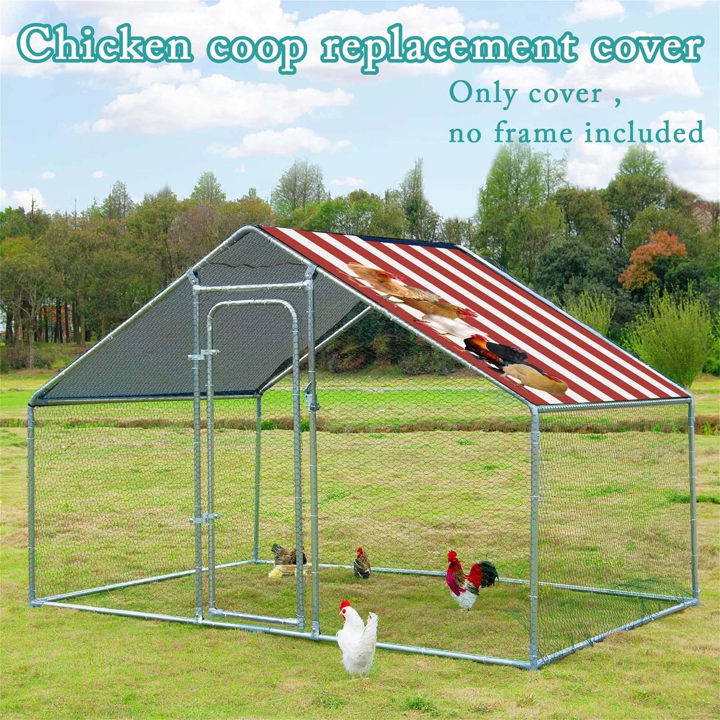 BUAEL 1 Pcs Outdoor Metal Chicken Coop Cover with Sun Resistance Fence Chicken Cages Cover for Outdoor Large Walk in Chicken Run Pen, 10.5 x 5 ft (American Flag（red）)