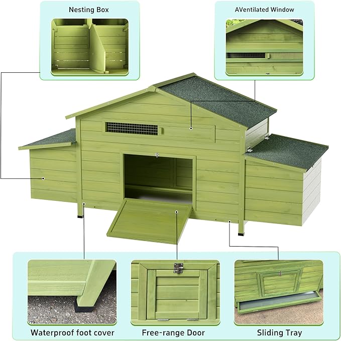 67.7" Large Wooden Chicken Coop for 4-6 Chickens,Outdoor Hen House Poultry Pet Hutch Cage with 2 Free-Range Doors,2 Side Nesting Boxes and Sliding Tray,Green