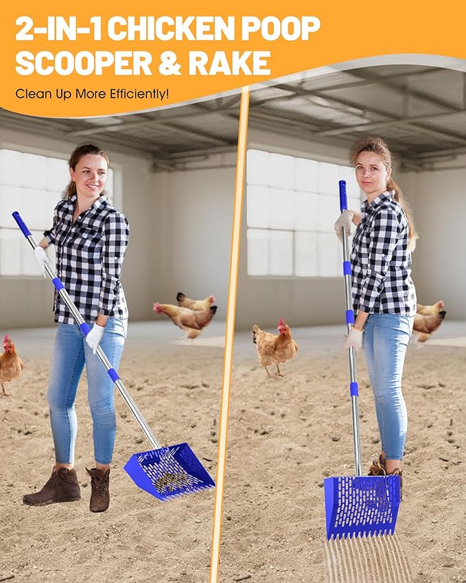 Chicken Poop Scooper & Rake - 2-in-1 Metal Chicken Coop Scoop for Sand with 22 to 62" Adjustable Handle, Litter Sifting Shovel Cleaning Tools for Chicken Run, Animal Farm, Duck Coop Blue