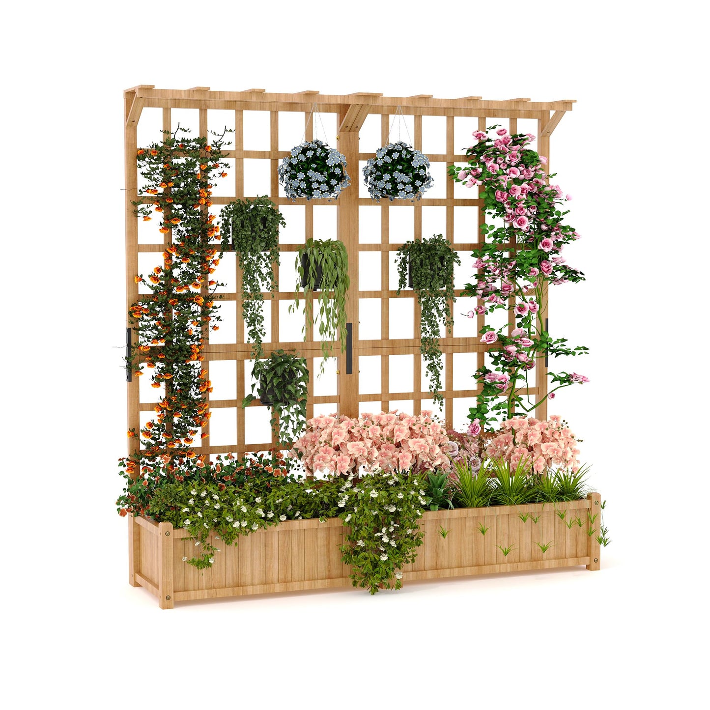 Dual-Section Elevated Wood Planter Box with Trellis - Outdoor Raised Garden Bed with Hanging Roof, 1.4ft Deep Large Planter for Climbing Plants, Vegetables & Flowers (8 Drainage Holes)
