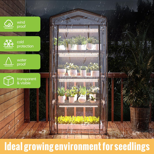 SpeePlant Mini Indoor Greenhouse with Grow Light - 4 Tier Outdoor Portable Greenhouse with Shelves, Waterproof PVC Cover and 4 Dimmable 1.6FT 20W Grow Lights, 26.4"(L) X 19"(W) X 61"(H)