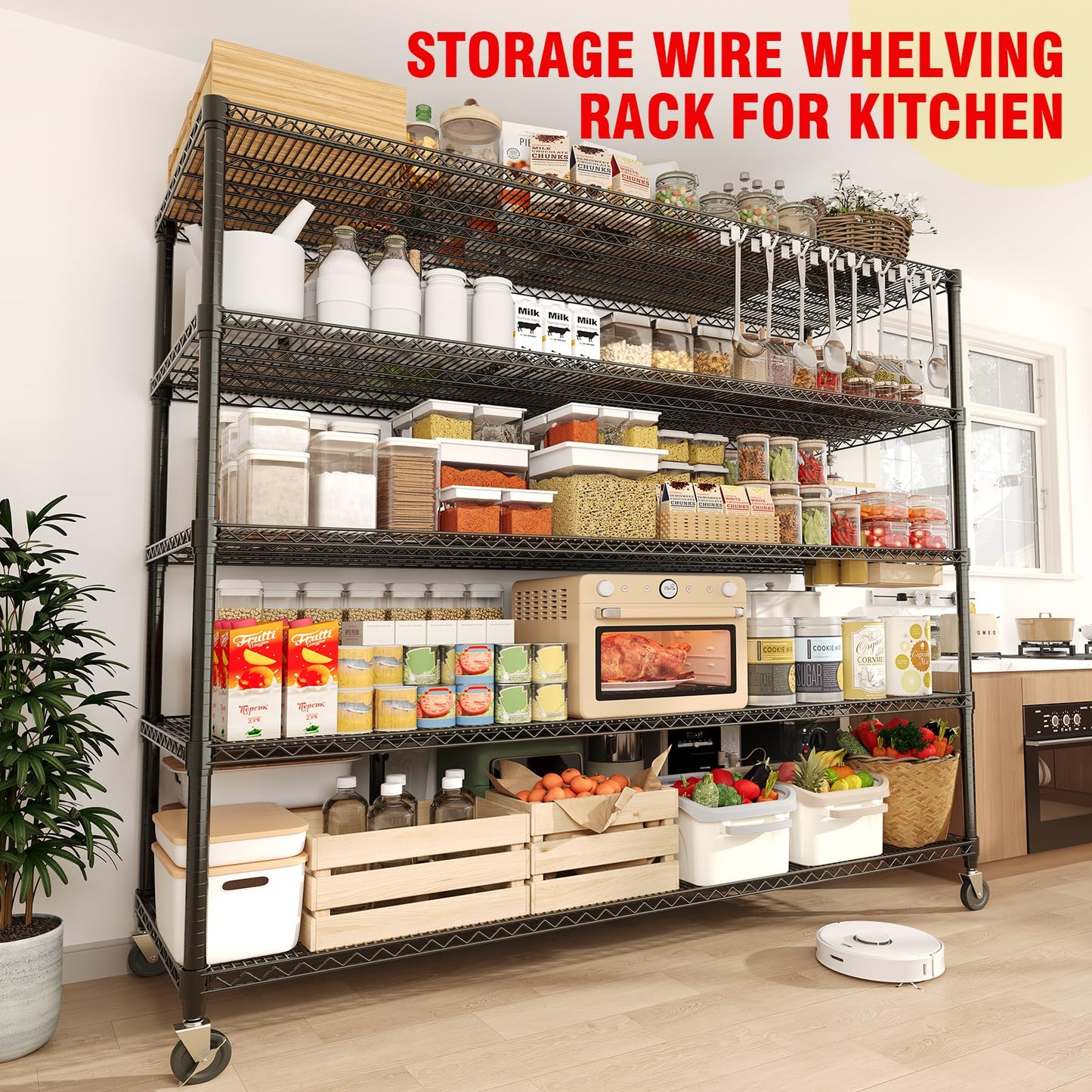 59" W Storage Shelves 86.2" H Heavy Duty Garage Shelving Units with Wheels, 5-Tiers Wire Shelving Rack Metal Storage Shelves for Garage Pantry Kitchen Commercial Industrial, 3300LBS Capacity