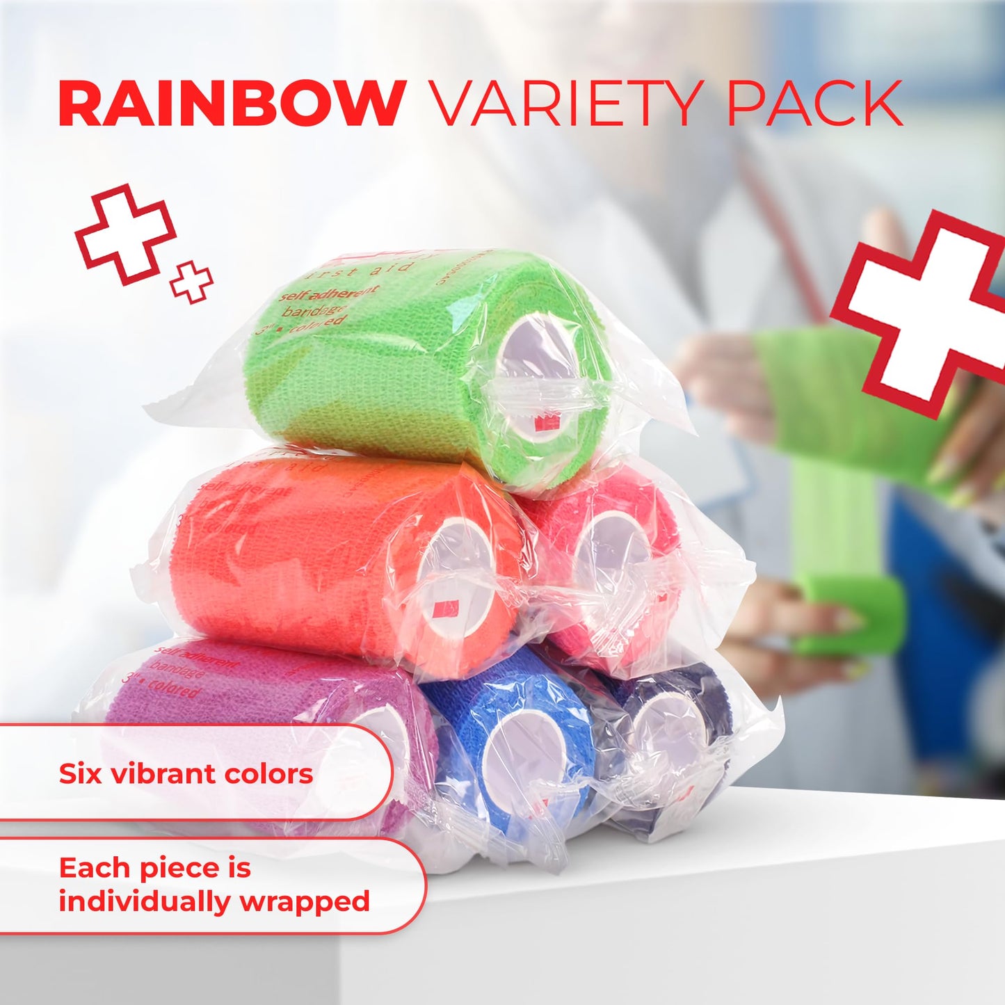 Ever Ready First Aid Self Adherent Cohesive Bandages 3" x 5 Yards - 6 Count, Rainbow Colors