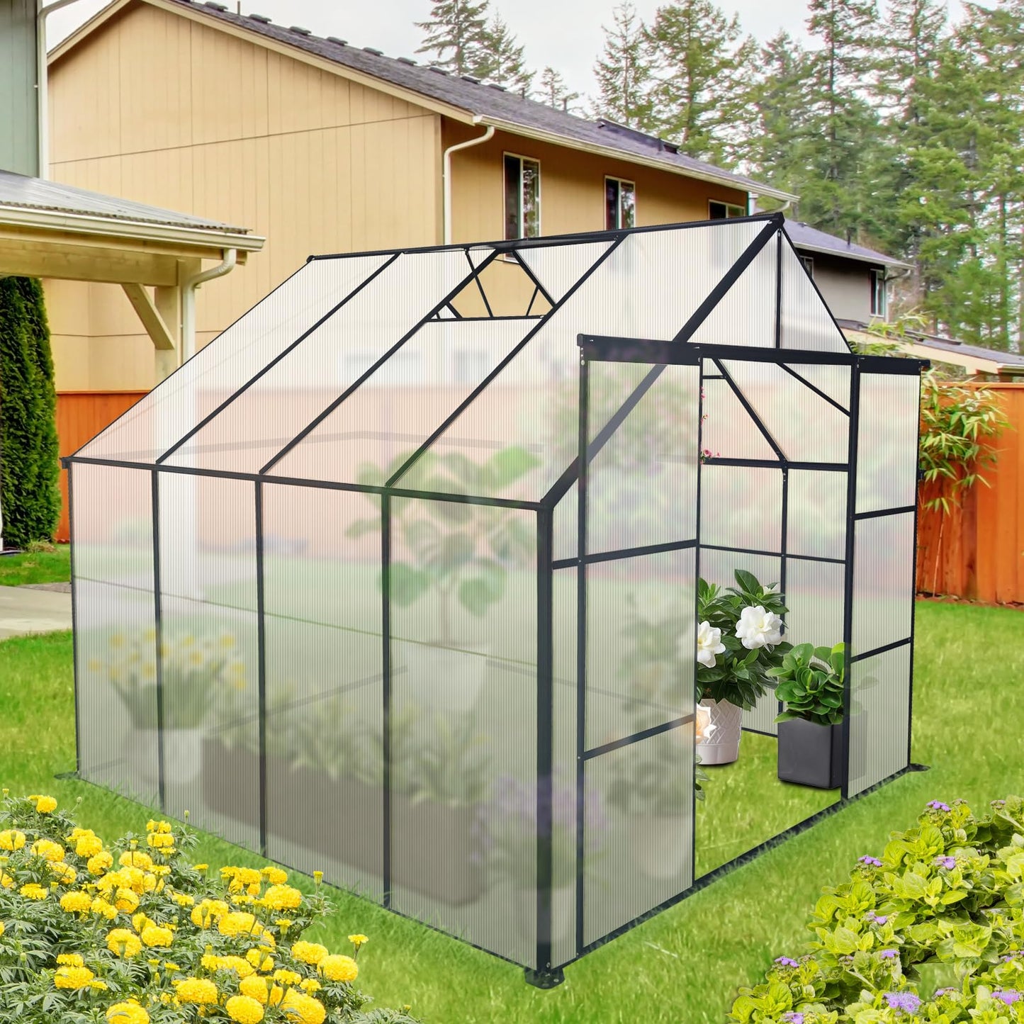 Ball & Cast 8X8 FT Greenhouse for Outdoors,Double Sliding Door Polycarbonate Raised Plant Base with Drainage System & Galvanized Frame,Backyard Anchor Aluminum Heavy Duty Walk-in Green Houses,Black